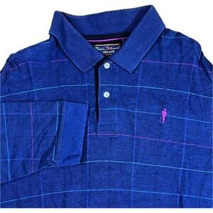 Payne Stewart Legacy Polo Shirt Blue Check Pink Logo Long Sleeve Cotton Mens L